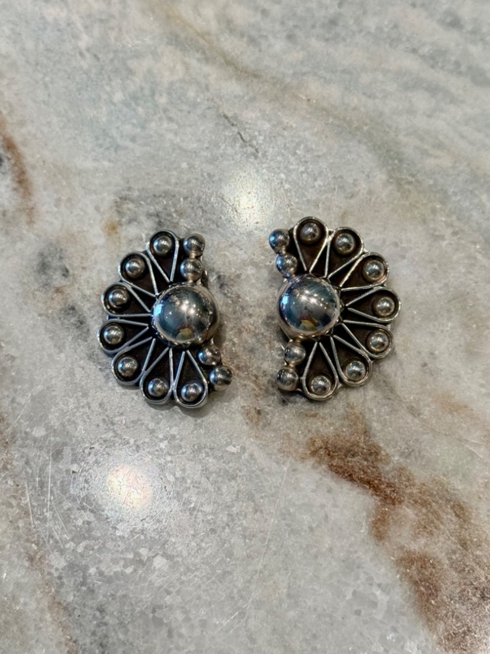 Vintage Taxco Mexico Sterling Silver 925 Half Circle Floral Clip On Earrings